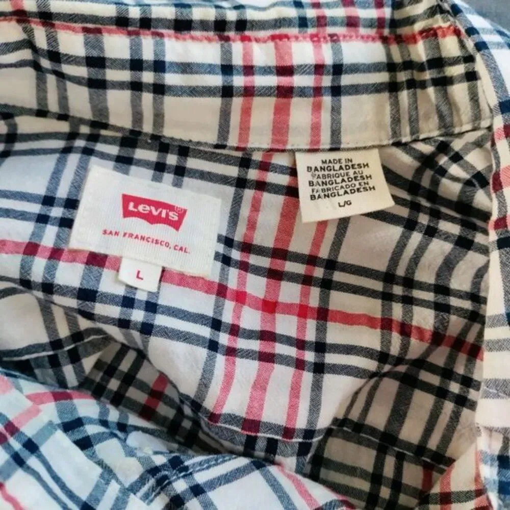 Levis Seersucker‎ Men L Red/Blue Plaid Long Sleeve Button Down Shirt Retro VTG